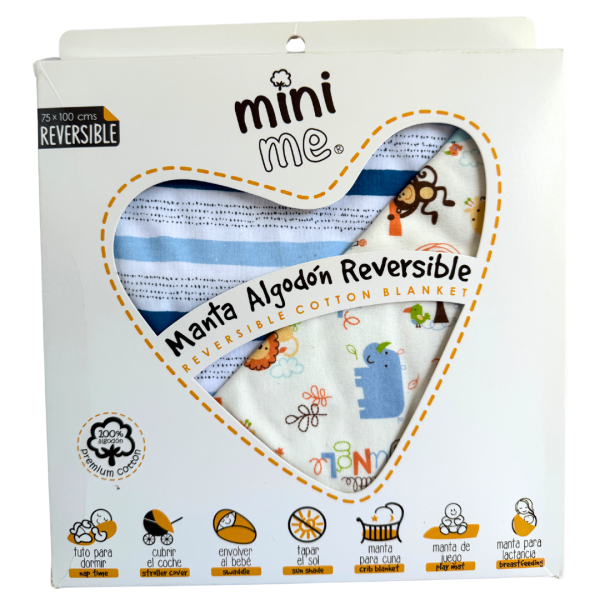 Manta Reversible Minime - Azul y celeste a rayas / Animales de la jungla - Imagen 2