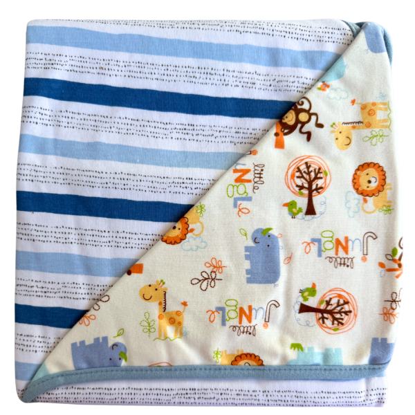 Manta Reversible Minime - Azul y celeste a rayas / Animales de la jungla