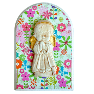 Cuadro Decorativo Ángel Rezando fondo flores rosadas y verdes